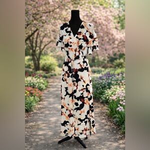 Ruffled V-Neck Midi Wrap Dress in Ivory and Black Floral